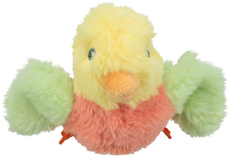 Plüschvogel mit gelbem Kopf, grünem Gefieder und oranger Schnauze auf weißem Hintergrund.