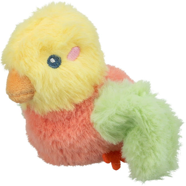 Flauschiges Plüschtier in Vogeloptik mit gelbem Kopf, rosa Körper, grünem Schwanz und blauen Augen.