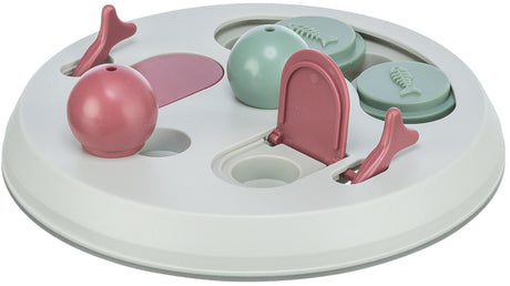 Rundes Spielzeug mit rosa und grünen Elementen auf weißem Hintergrund, enthält bewegliche Teile wie Klappen und Knöpfe.