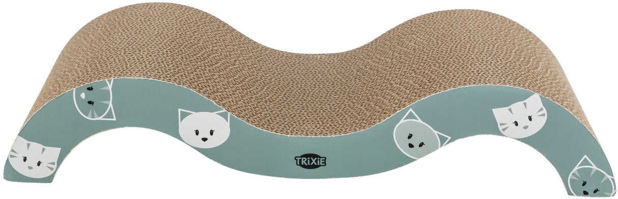 Wellenausrichtung aus brauner Wellpappe mit blauem Rand, verziert mit katzenartigen Gesichtern.