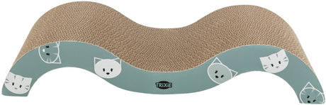 Wellenausrichtung aus brauner Wellpappe mit blauem Rand, verziert mit katzenartigen Gesichtern.