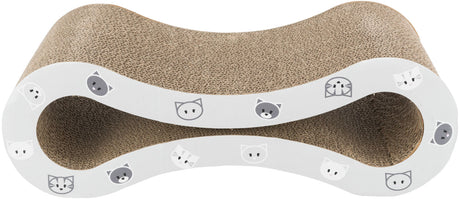 Katzenförmiges, wellenförmiges Kratzbrett aus brauner Pappe mit weißen Seiten, verziert mit Katzenmotiven.