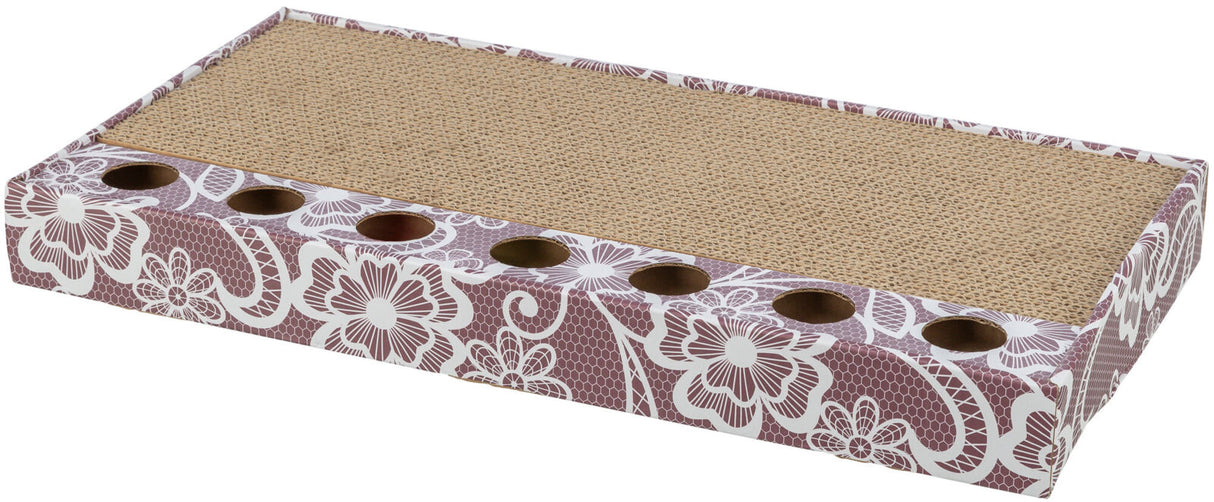 Rechteckige Kratzbox mit floralem Muster, sechs runden Öffnungen und eine gewobene Oberfläche in Beige.