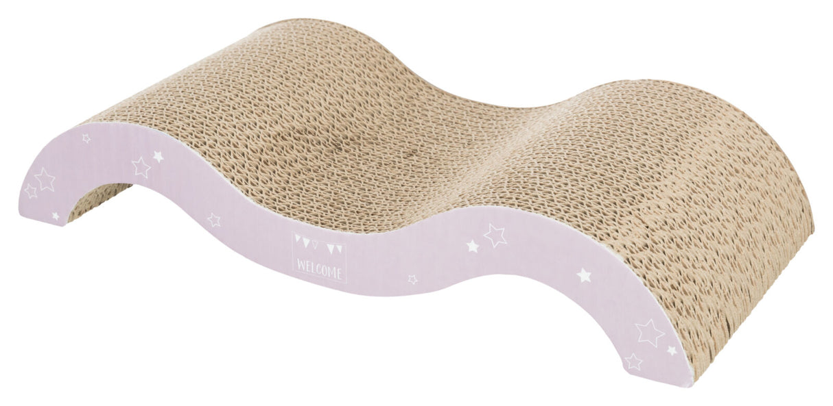Gewellte Kratzmatte aus Pappe mit Wellendesign, an den Seiten violett mit weißen Sternen und dem Text "Welcome".
