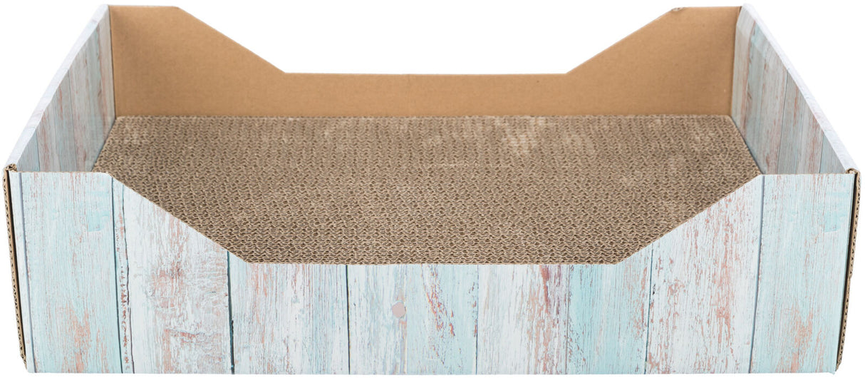 Kartonartige Box mit hellblauer, holzähnlicher Außenseite und einem braunen Wellenkartonboden.