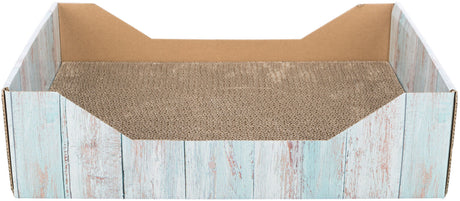 Kartonartige Box mit hellblauer, holzähnlicher Außenseite und einem braunen Wellenkartonboden.
