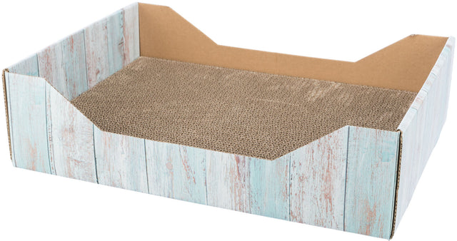 Rechteckige Kratzbox aus Pappe mit türkis-weißem Holzdesign außen und Wellpappe innen.