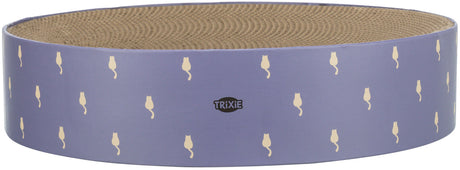 Lila runde Kratztonne mit beigen Katzenmotiven und dem Schriftzug "Trixie".