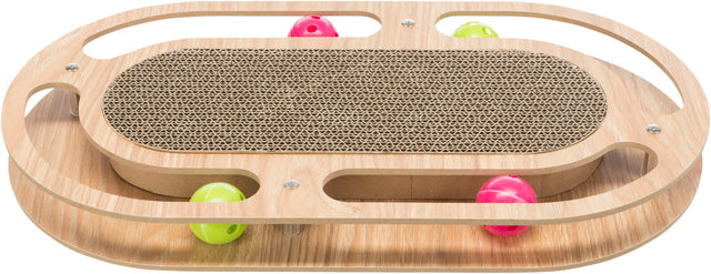 Holzspielzeug mit ovaler Form, mittigem Kratzmaterial und bunten Bällen in Schienen ringsum.