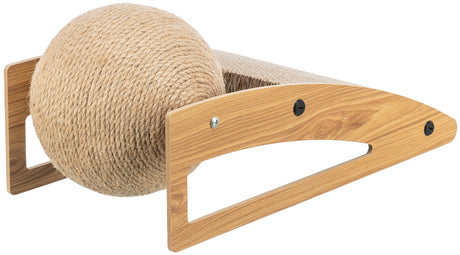 L-förmige Halterung aus Holz mit einer großen Kugel aus grobem, hellbraunem Seil und seitlichen Schrauben.
