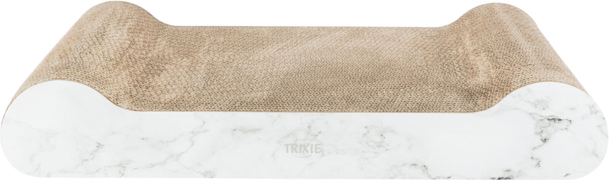 Gerundete, beige Kratzfläche auf rechteckiger, weiß marmorierter Basis mit der Aufschrift "Trixie".