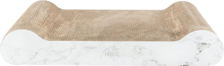 Gerundete, beige Kratzfläche auf rechteckiger, weiß marmorierter Basis mit der Aufschrift "Trixie".
