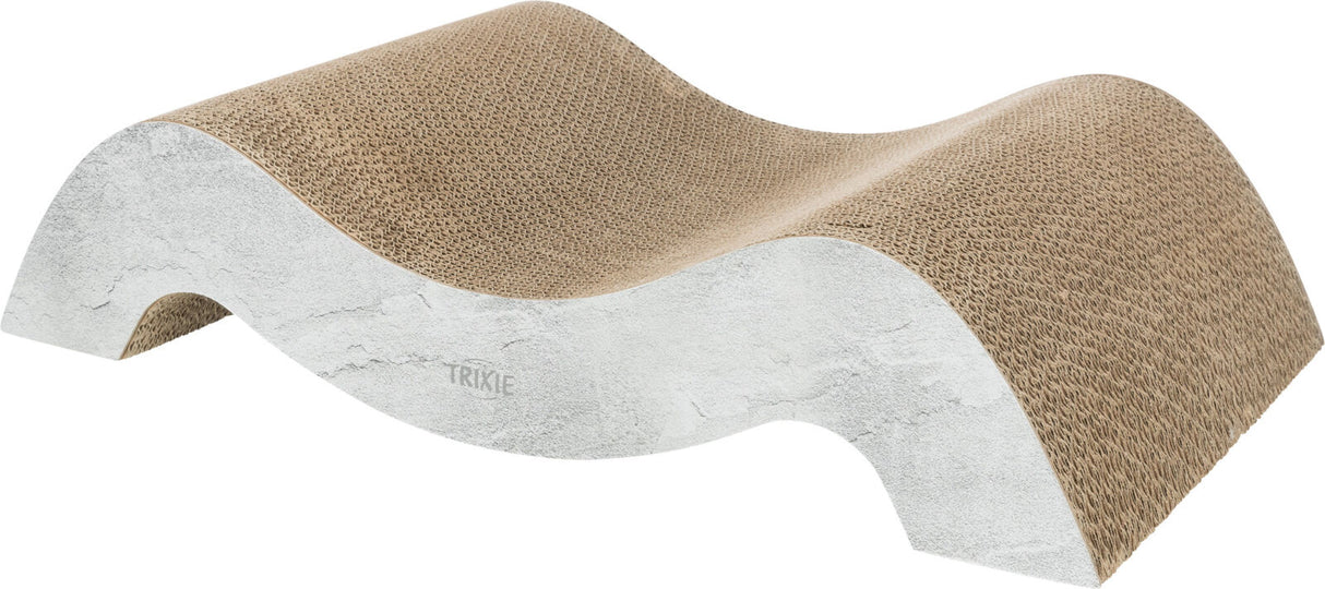 Wellenförmiges Kratzbrett aus Pappe mit beiger und grauer Textur, Marke "Trixie" auf dem Produkt sichtbar.