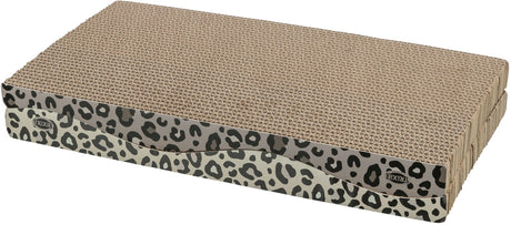 Rechteckige Kratzmatte aus Pappe mit Leopardenmuster an den Seiten, beige Farbton oben, Markenname sichtbar.