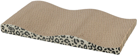 Katzenkratzbrett aus Pappe mit wellenförmigem Design und einer bedruckten Seitenkante in Leopardenmuster.