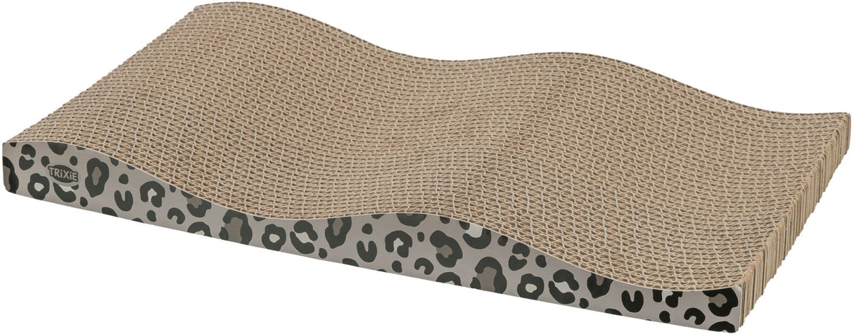 Wellennförmige Kratzpappe in beige mit schwarzem Leopardenmuster an den Seiten, Markenname TRIXIE sichtbar.