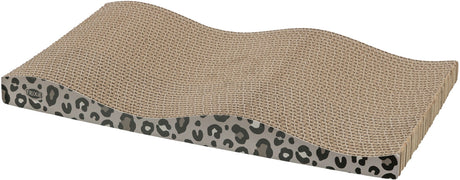 Wellennförmige Kratzpappe in beige mit schwarzem Leopardenmuster an den Seiten, Markenname TRIXIE sichtbar.