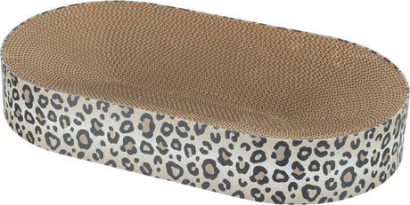 Ovale Kratzmatte aus Wellpappe mit Leopardenmuster an den Seiten und brauner strukturierter Oberfläche.