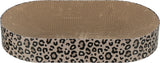 Ovale Kratzschale aus Pappe mit brauner Oberfläche und schwarzem Leopardmuster auf der Außenseite.