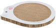 Runde Kratzmatte in Form eines weißen Kreises mit Mausmotiv, Oberfläche aus Wellpappe.