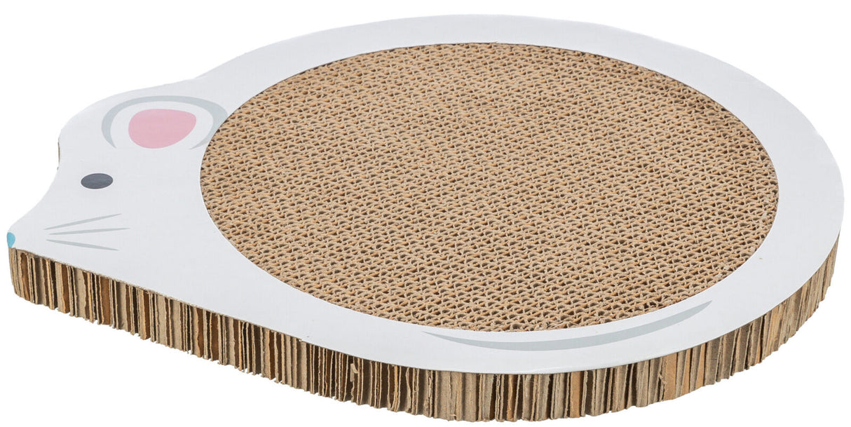 Runde Kratzmatte in Form eines weißen Kreises mit Mausmotiv, Oberfläche aus Wellpappe.
