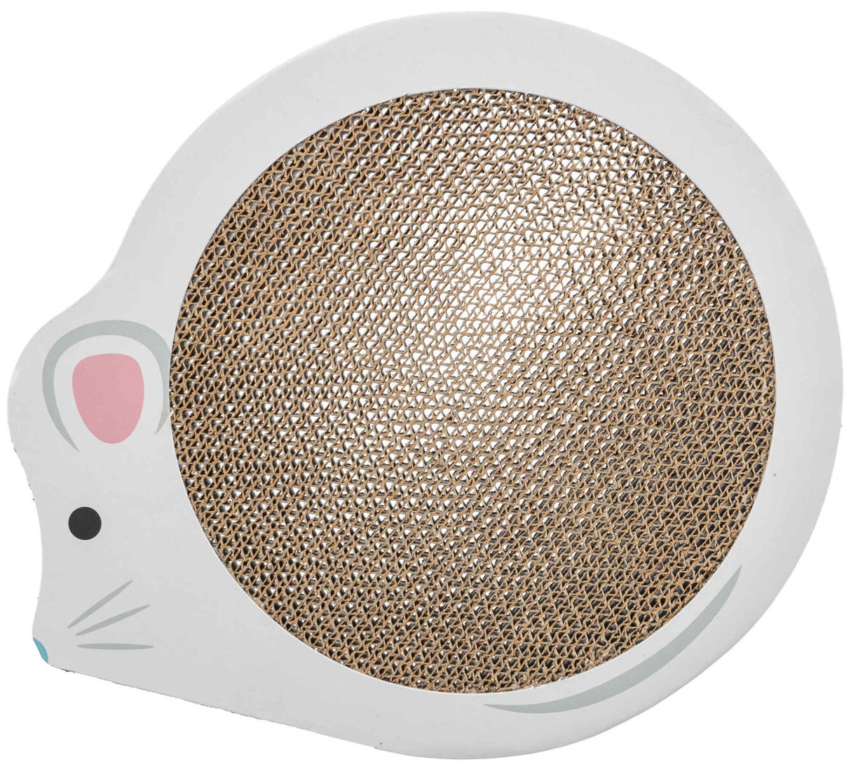 Runde, weiße Kartonform mit beige-braunem, geflochtenem Kreis in der Mitte, verziert mit einem Mäusegesicht.
