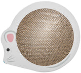 Runde, weiße Kartonform mit beige-braunem, geflochtenem Kreis in der Mitte, verziert mit einem Mäusegesicht.