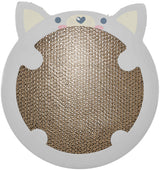 Runde Kratzmatte in Katzenform mit Pappe in der Mitte und grauem Rand mit Ohren und Gesicht.