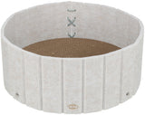 Runder, beige-weißer Behälter mit wellenförmiger Außenseite und braunem, spiralförmigem Bodenmuster.