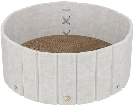 Runder, beige-weißer Behälter mit wellenförmiger Außenseite und braunem, spiralförmigem Bodenmuster.