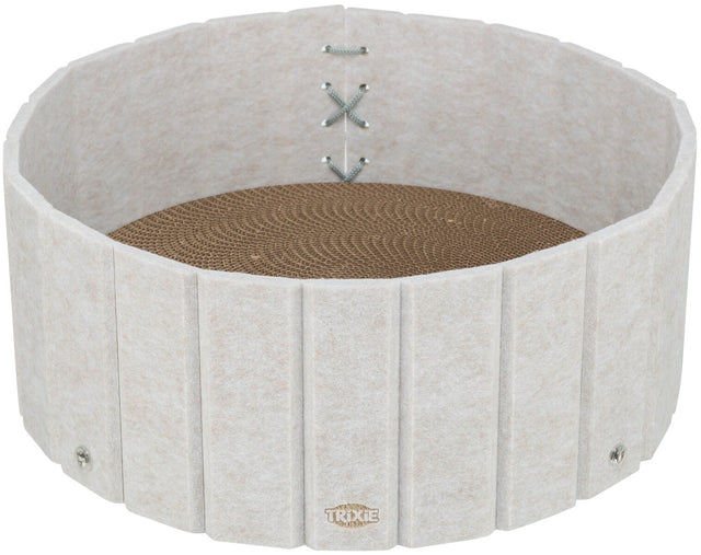 Runder, beige-weißer Behälter mit wellenförmiger Außenseite und braunem, spiralförmigem Bodenmuster.