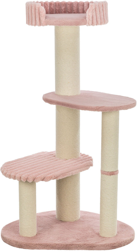 Katzenbaum mit rosa Plüschplattformen, drei Sisalstämmen und einer oberen Liegefläche auf ovaler Basis.