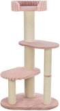 Katzenbaum mit rosa Plüschplattformen, drei Sisalstämmen und einer oberen Liegefläche auf ovaler Basis.