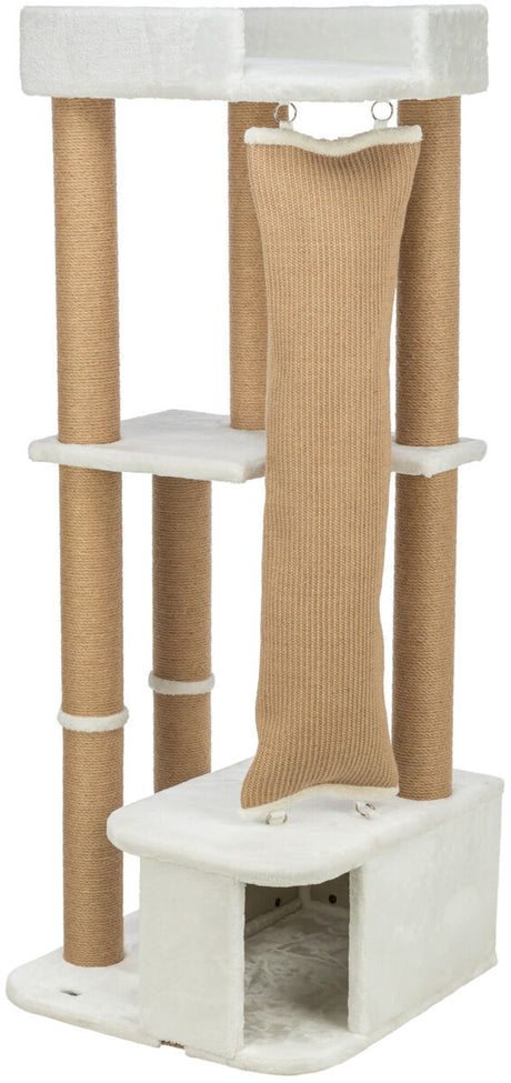 Katzenbaum mit mehreren Ebenen und Sisalseilen, beige und weiß gepolstert, mit Liegeflächen und Höhle.