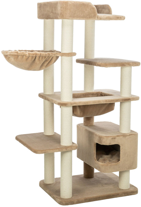 Kratzbaum mit mehreren Ebenen, Plattformen und einer Höhle in Beige, mit beigen Sisalstämmen und einer Hängematte.
