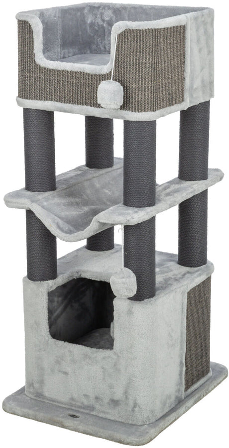 Kratzbaum mit drei Ebenen, integriertem Spielball und einer Höhle, grau mit dunklen Kratzsäulen.