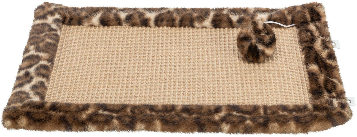 Braune kratzmatte mit Leopardenmuster-Rand und Spielzeug, rechteckig, beige Oberfläche, dunkles Fell.
