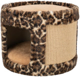 Runde Höhle mit Leopardenmuster, offener Eingang, strukturierte Seiten, weiche beige Liegefläche oben und innen.