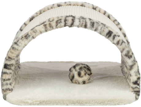 Plüsch-Spielzeugbogen mit Leopardenmuster und hängendem Ball auf weicher Unterlage.