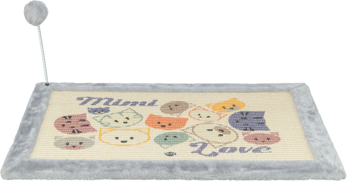 Kratzelement mit grauem Rand, bunter Katzenmuster und Text "Mimi Love", samt weichem Ball an Spirale befestigt.