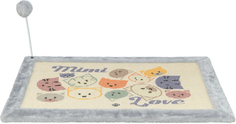 Kratzelement mit grauem Rand, bunter Katzenmuster und Text "Mimi Love", samt weichem Ball an Spirale befestigt.