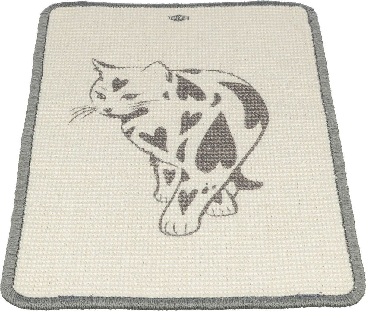 Beige Teppich mit grauem Rand und Katzenmotiv, das Herzen als Flecken zeigt.