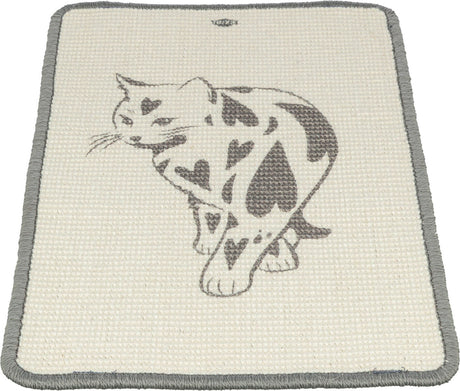 Beige Teppich mit grauem Rand und Katzenmotiv, das Herzen als Flecken zeigt.