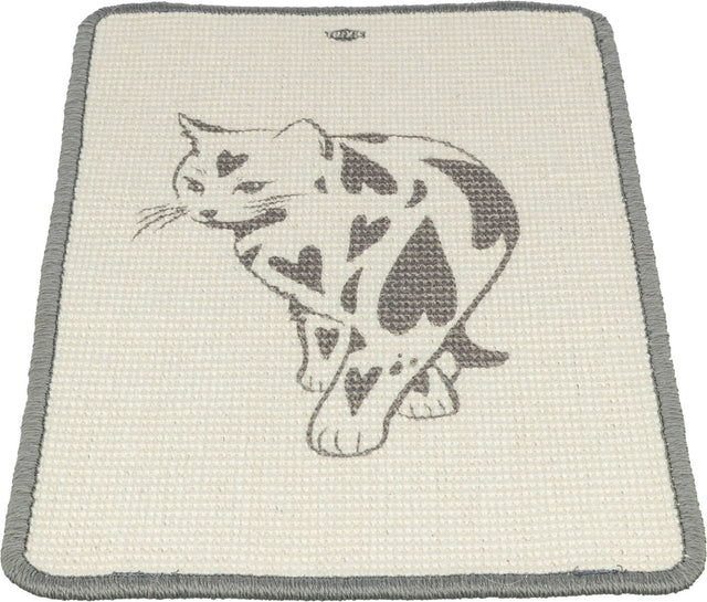 Beige Teppich mit grauem Rand und Katzenmotiv, das Herzen als Flecken zeigt.