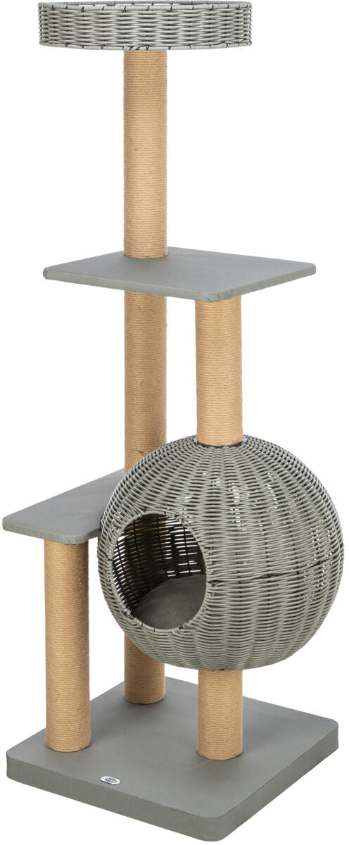 Grauer Katzenkratzbaum mit mehreren Ebenen und runder geflochtener Höhle aus braunem Seilmaterial.