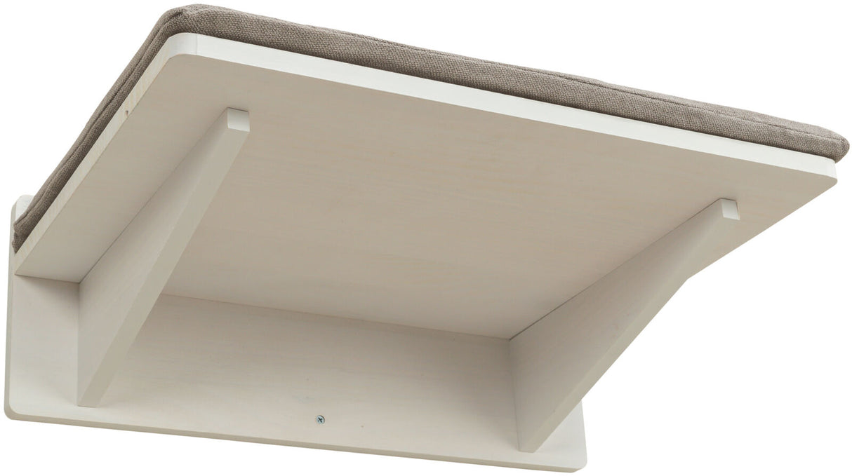Wandregal aus hellem Holz mit gepolsterter Ablagefläche, modern und minimalistisch gestaltet.
