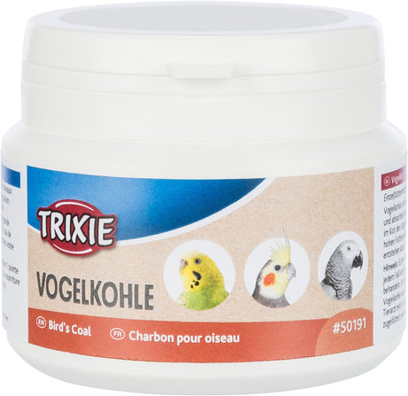 Weißer Plastikbehälter mit "Trixie Vogelkohle" Etikett, blauer Hintergrund, drei Vogelabbildungen und Text auf Deutsch, Englisch, Französisch.