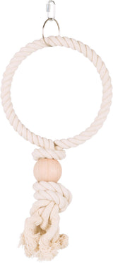 Ein weißer Seilring mit Holzperle, oben ein Metallhaken, Fransen unten, einfaches Design, natürliche Farben.
