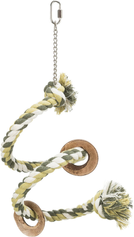 Geknotetes, spiralförmiges Spielzeug mit Kette oben und zwei Holzringen, grün-gelbes Seil mit Fransenenden.