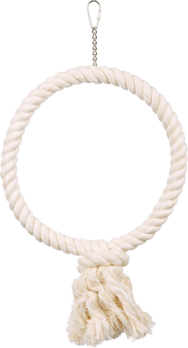 Weißer, kreisförmiger Seilring mit Knoten und Fransen an einem Ende, oben mit Metallkette und Haken.